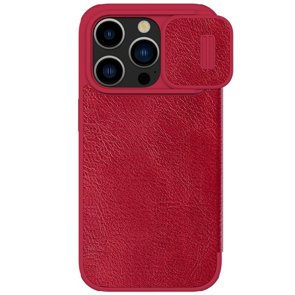 NILLKIN QIN Series Pro Sliding Camera Cover Design Leather Phone Case for iPhone 15 Pro Max (Red)